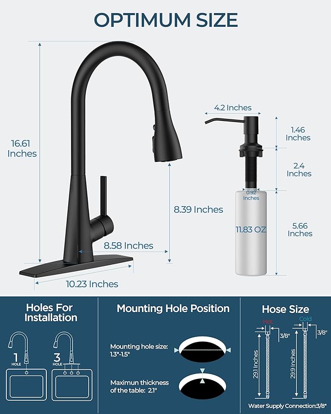 FORIOUS Black Kitchen Faucet with Soap Dispenser, Pull Down Sprayer, Modern High Arc Stainless Steel Faucet for Kitchen Sink, Single Handle for 1 or 3 Hole Decks for RV Bar Farmhouse Laundry Camper