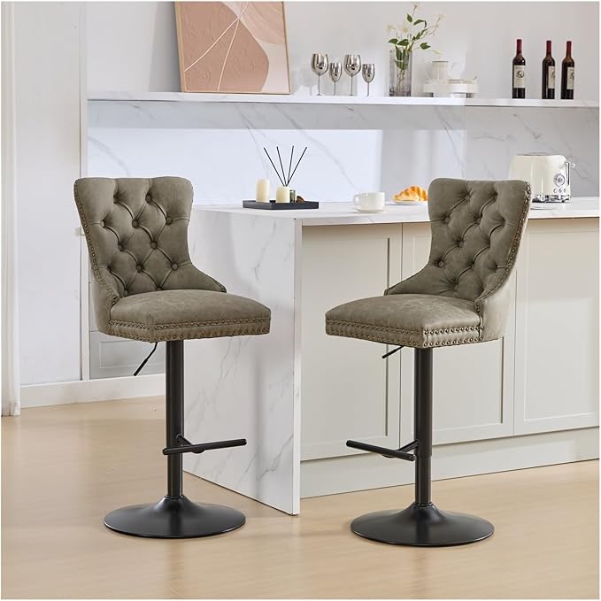 Aged and Retro PU Swivel Barstools Adjusatble Seat Height from 26-33 Inch, Modern Bar Stools with Backs Comfortable Tufted for Home Pub and Kitchen Island