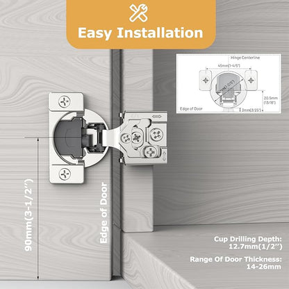 Furniware 50 Pieces 1/2 inch Overlay Soft Close Cabinet Hinges for Face Frame Cabinet, Stainless Steel, 105° Opening Angle, Concealed Self Closing Door Hinges- 3 Way Adjustment