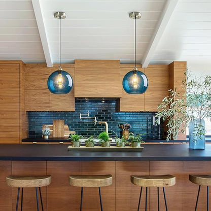 Blue Glass Pendant Lights Kitchen Island Lighting Globe Pendant Light Fixtures Modern Pendant Lighting for Kitchen Island Bedroom Living Dining Room Light Fixture(9.84in, 1-Pack)