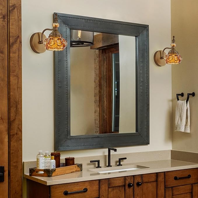Vintage 2-Pack Wall Sconces Amber Rose Wall Lights Bathroom Vanity Lighting Fixtures, Vanity Light Rust-Proof and Durable for Bedroom Living Room Hallway