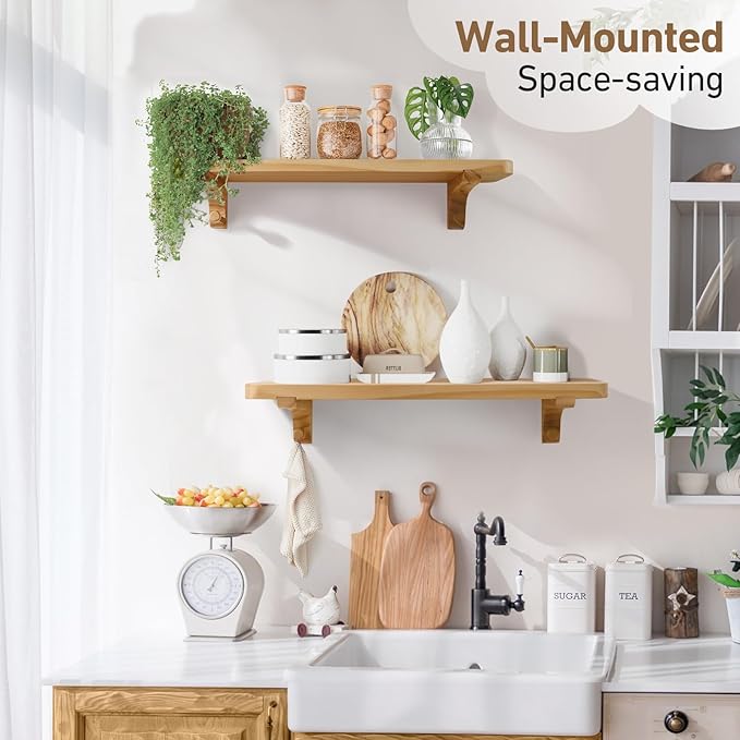 Wooden Floating Shelves for Wall, 22.6" W x 6" D x 0.8" H Large Wall Shelves, Hanging Storage Shelf with Hooks for Living Room, Kitchen, Bathroom, Bedroom Decor, Natural, 2 Packs