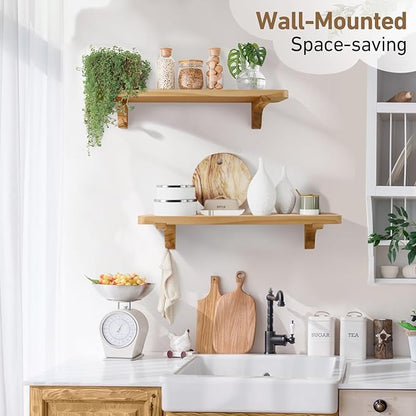 Wooden Floating Shelves for Wall, 22.6" W x 6" D x 0.8" H Large Wall Shelves, Hanging Storage Shelf with Hooks for Living Room, Kitchen, Bathroom, Bedroom Decor, Natural, 2 Packs