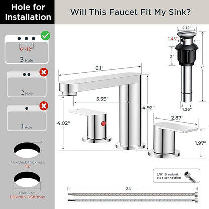 FORIOUS Bathroom Faucets 3 Hole Chrome, 8 Inch Widespread Bathroom Sink Faucet with Pop-up Drain and cUPC Supply Lines for Basin, Vanity, Laundry Room and Restroom