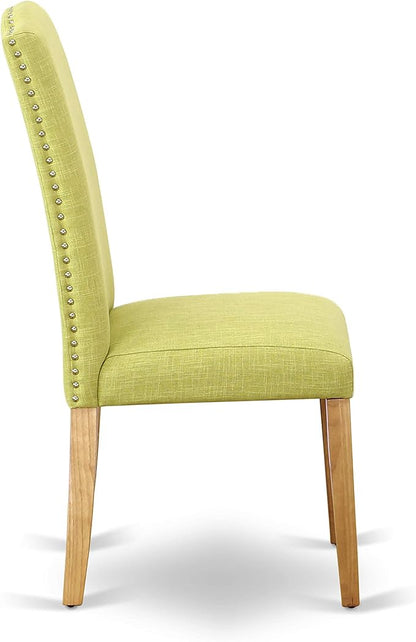 East West Furniture ENP4T07 Encinal Parson Dining Chairs - Nailhead Trim Limelight Linen Fabric Upholstered Chairs, Set of 2, Oak