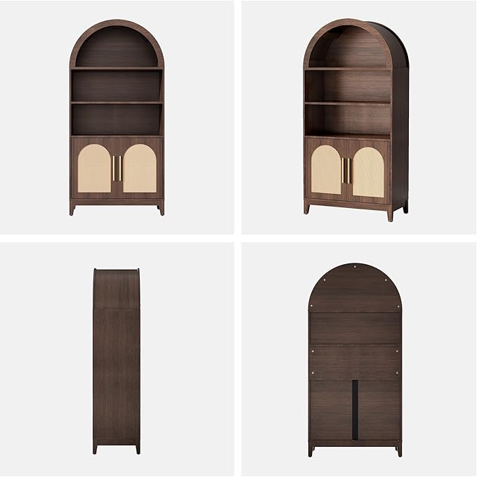 63" Tall Arched Pantry Cabinet with Doors, 5-Tier Arched Bookcase with Adjustable Shelves, Wood Storage Cabinet for Kitchen, Living Room, Office, Walnut