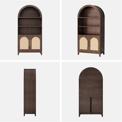 63" Tall Arched Pantry Cabinet with Doors, 5-Tier Arched Bookcase with Adjustable Shelves, Wood Storage Cabinet for Kitchen, Living Room, Office, Walnut