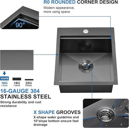 Scamall 15x17x9 Drop In Kitchen Sink Workstation, Nano Black 304 Stainless Steel Deep Single Bowl with Quick Drainage & Tarnish-Free Surface for Bar, Laundry, RV, Includes Accessories