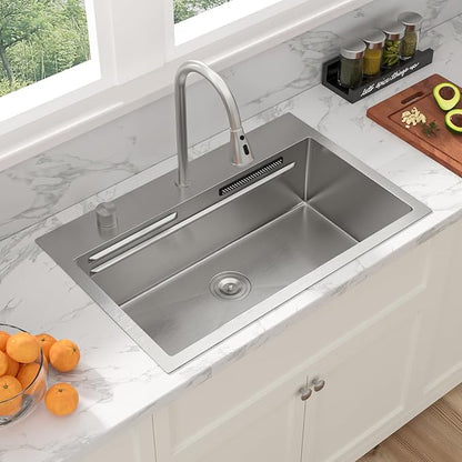 Sarlai 31 Inch Waterfall Kitchen Sink Drop In - 31x20 Waterfall Sink Ledge Workstation Stainless Steel 16 Gauge Multifunction Single Bowl Top Mount Kitchen Basin with Faucet Combo