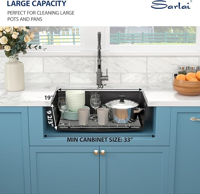 Sarlai 30 Granite Composite Kitchen Sink - 30"x19" Black Undermount Kitchen Sink Ledge Workstation Matte Black Granite Quartz Composite Under-Mount Single Bowl Sinks Basin with Accessories
