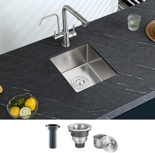 Bar Sink, KINKIB 13 x 15 x 8 inch Undermount Bar Sink or Prep Kitchen Sink, Handmade Kitchen Sink Single Bowl T-304 Stainless Steel Small Sink with Strainer