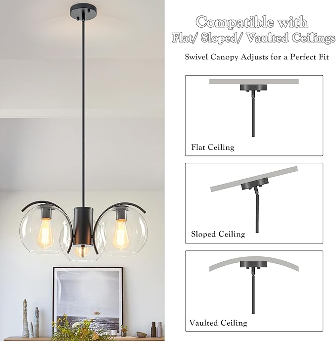 3-Light Black Chandelier with Downward Arched Arms, Modern Farmhouse Pendant Light Fixture with Clear Glass Globe Shades, Ceiling Lighting for Dining Room, Bedroom and Foyer