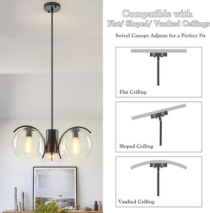 3-Light Black Chandelier with Downward Arched Arms, Modern Farmhouse Pendant Light Fixture with Clear Glass Globe Shades, Ceiling Lighting for Dining Room, Bedroom and Foyer
