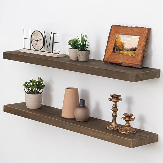 Axeman Natural Wood Floating Shelves for Wall Mounted 36 Inch Rustic Farmhouse Wall Shelves for Bathroom Bedroom Kitchen Living Room Decor Distressed Wooden Shelf|Set of 2, Vintage Gray