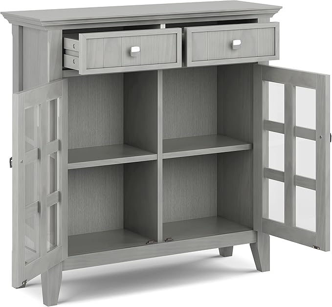 SIMPLIHOME Acadian Storage Cabinet - 36 inch Wide Solid Wood Entryway Storage Cabinet in Fog Grey, Transitional Cabinet for Hallway or Living Room with 2 Drawers and Adjustable Shelves