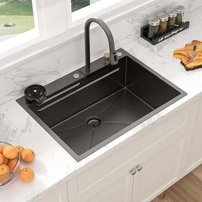 Sarlai black Waterfall Kitchen Sink - 28x22 Black Waterfall Drop In Workstation Sink Stainless Steel 16 Gauge Sinks Multifunction Single Bowl Smart Top Mount Kitchen Sinks with Faucet Combo