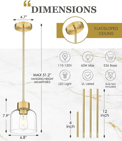 2-Pack Pendant Lights Kitchen Island, 7" Brushed Gold Hanging Lights Fixtures with Clear Glass Shade, Modern Brass Kitchen Pendant Lighting Over Island for Dining Room, AD-24024-1P2-GD