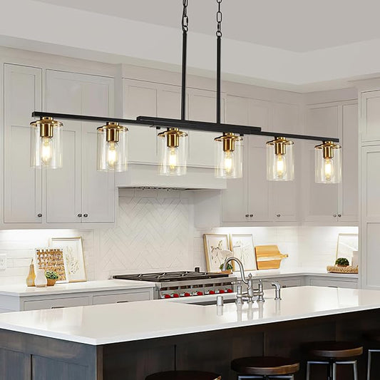 6-Light Kitchen Island Lighting,Dining Room Lights Modern Farmhouse Chandelier with Clear Glass Shade,Modern Rustic Black and Gold Metal Chandelier, Kitchen Pendant Light Fixtures Over Table