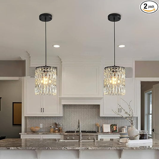 Modern K9 Crystal Chandeliers for Dining Room Black Pendant Light Fixtures Unique Kitchen Island Lighting Height Adjustable Ceiling Light for Bedroom Living Room Entryway （2-Pack）