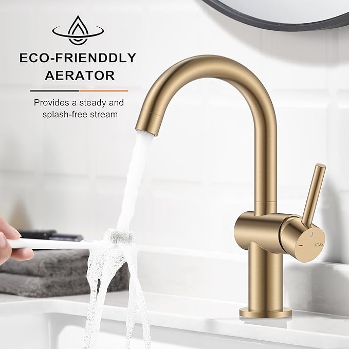 KENES Champagne Bronze Bathroom Faucet 1 Hole, Single Handle Gold Bathroom Sink Faucet for Vanity, Bar Sink Faucet with Drain Assembly & Deck Plate, Farmhouse RV Camper Outdoor Faucet, KE-9005B-CB