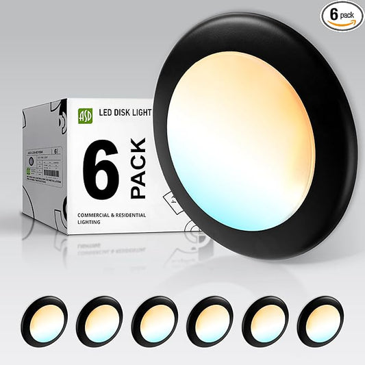 ASD 6 Pack LED Disk Lights 6 Inch, 15W 5CCT 2700K-5000K 1245LM CRI90+, Dimmable Flush Mount Ceiling Light Fixture, Low Profile Surface Mount Disc Lights, Junction Box or Recessed Can Install, UL