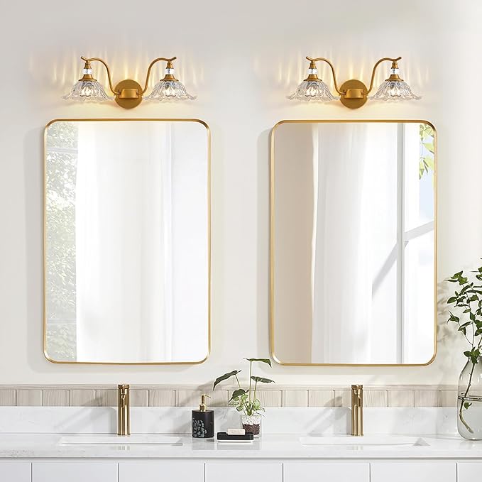 Vintage Bathroom Vanity Light Fixtures - 2 Light Antique Brass Bathroom Lights Fixture Over Mirror with Clear Flower Glass,Retro Brushed Gold Bronze Wall-Mounted Vanity Lighting for Powder Room