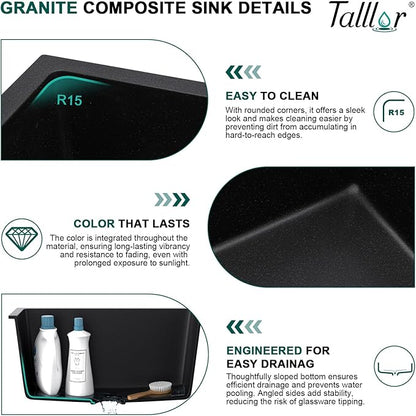 21"x18"x12" Undermount Laundry Sink - 12" Deep Granite Composite Laundry Room Sink, Matte Black Classic Quartz Under Counter Single Bowl Extra Deep Utility Sinks #TLGU-145