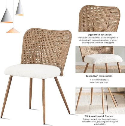 Rattan Dining Chairs, Modern Kitchen Chairs with Cane Woven Backrest Seat, Armless PE Wicker Accent Chairs for Dining Room with Metal Legs,Lamb White