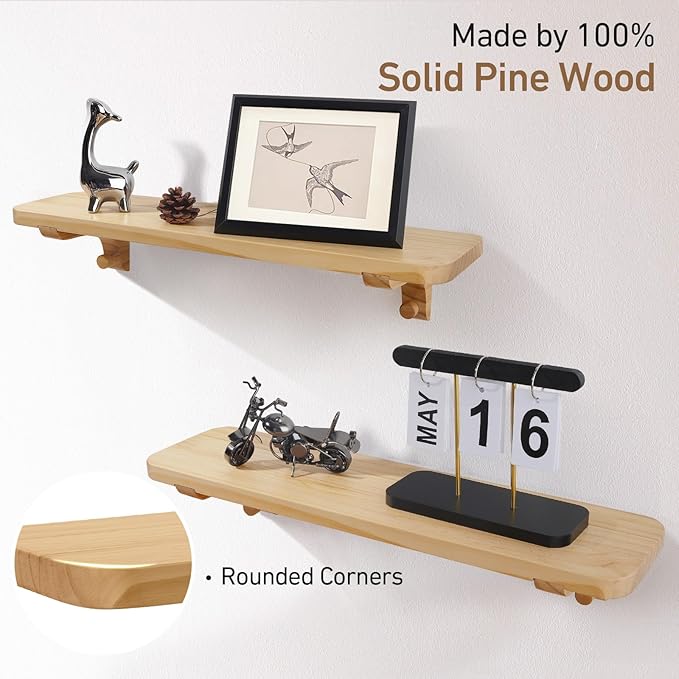 Wooden Floating Shelves for Wall, 22.6" W x 6" D x 0.8" H Large Wall Shelves, Hanging Storage Shelf with Hooks for Living Room, Kitchen, Bathroom, Bedroom Decor, Natural, 2 Packs