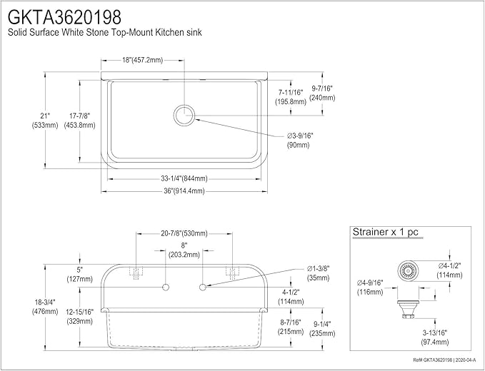 Kingston Brass GKTA3620198 Arcticstone 36-Inch Solid Surface Top-Mount Kitchen Sink with Backsplash, Matte White