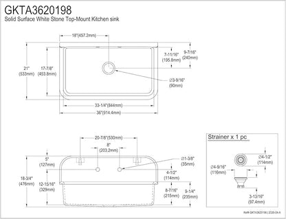 Kingston Brass GKTA3620198 Arcticstone 36-Inch Solid Surface Top-Mount Kitchen Sink with Backsplash, Matte White