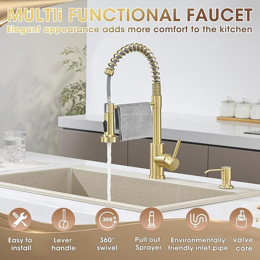 Brushed Gold Kitchen Faucet with Soap Dispenser, High Arc Single Handle Spring Stainless Steel Faucet for Kitchen Sink with Sprayer, Utility Ideal for Farmhouse RV Laundry Commercial & Camper