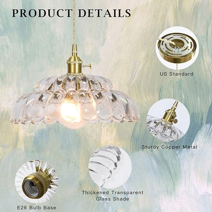 Glass Pendant Light Vintage Light Fixtures, Clear Glass Pendant Lights Kitchen Island, Hanging Pendant Lights with Brass Gold Metal for Dining Room Bedroom Foyer Entryway Hallway