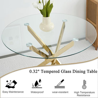 36" Round Dining Table for 4, Glass Kitchen & Dining Room Tables, Modern Circle Dining Room Table w/Tempered Glass Tabletop Gold Finish Metal Legs for Dinner Small Spaces