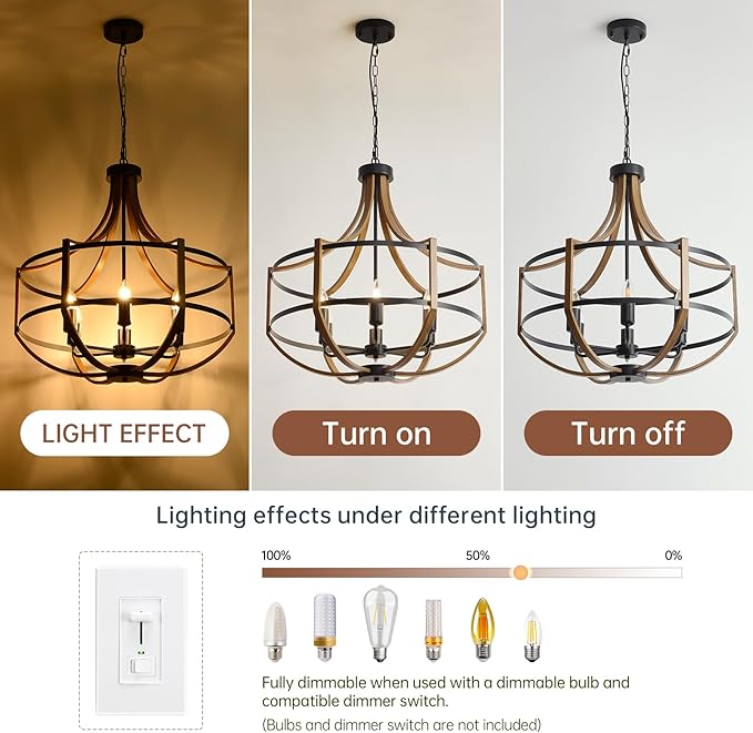 23.6" Farmhouse Chandelier for Dining Room, 6-Light Rustic Brown Faux Wood Pendant Light Fixtures, Black Frame Foyer Chandelier for Entryway Kitchen Island Bedroom Living Room