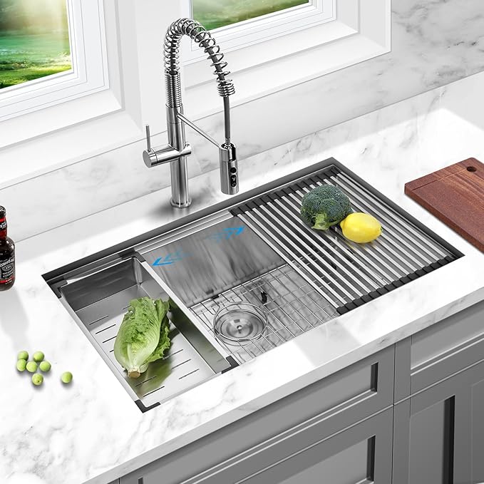 33 Inch Undermount Kitchen Sink Workstation, Stainless Steel Kitchen Sinks Single Bowl, Handmade Large Undermount Sink 33x19x10 with Accessories