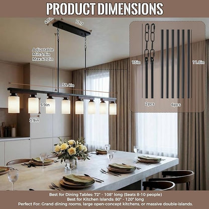 8-Light Kitchen Island Lighting & Farmhouse Dining Room Light Fixtures Over Table, 60inch Rustic Linear Chandelier Adjustable Ceiling Hanging Pendant - Rotating Design, Customizable Shapes, Milk Glass