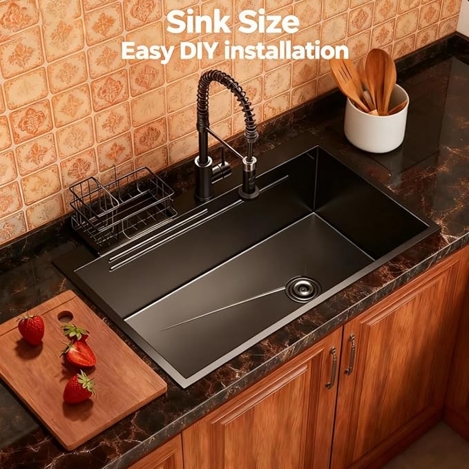 28 Inch Black Drop-In Stainless Steel Kitchen Sink: Single Bowl Deep Scratch Resistant 16 Gauge Workstation with Faucet & Accessories Combo for Family Kitchen
