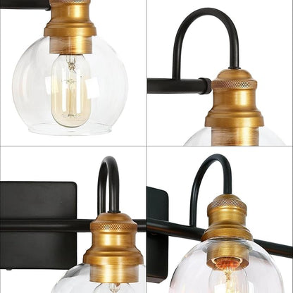 LALUZ Bathroom Light Fixtures, 4-Light Black and Gold Vanity Lights for Bathroom with Clear Globe Glass Shade, Modern Farmhouse Bathroom Vanity Lighting Over Mirror, 29.5" L x 7" W x 9" H