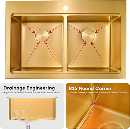 MILOSEN Gold Double Bowl Kitchen Sink, 31''x22'' Gold Workstation Sink 50/50 Topmount Double Basin with Accessories, Drop in 16 Gauge T304 Stainless Steel Sinks,10'' Deep and Large Handmade Sink