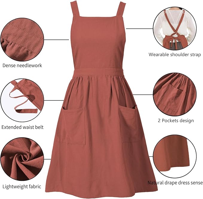 Pinknoke Cotton Linen Pinafore Apron Dress for Women with Pockets Cute Art Chef Aprons for Kitchen Baking Gardening Painting