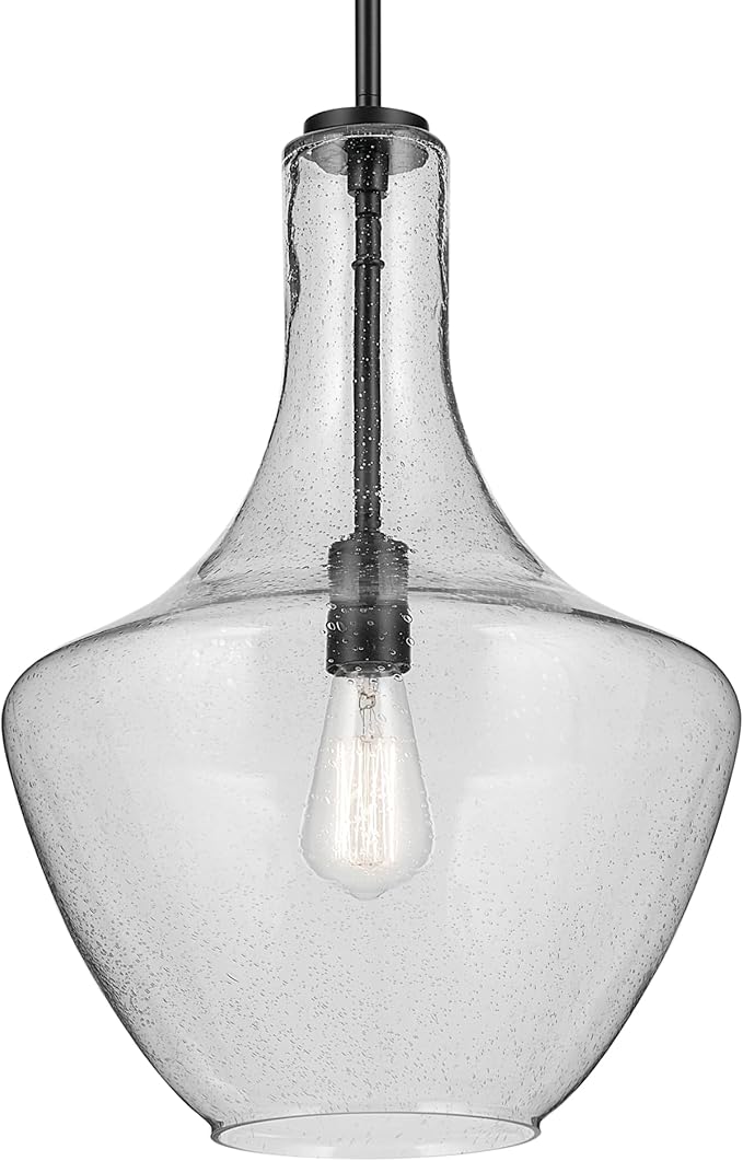 Everly 19.75" 1-Light Bell Pendant with Clear Seeded Glass in Black, for Kitchen Island, Dining Nook, Bedroom, (19.75" x 13.75") 42046BKCS