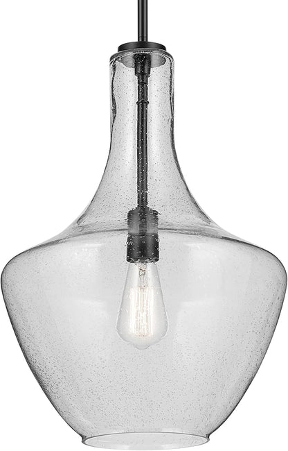 Everly 19.75" 1-Light Bell Pendant with Clear Seeded Glass in Black, for Kitchen Island, Dining Nook, Bedroom, (19.75" x 13.75") 42046BKCS