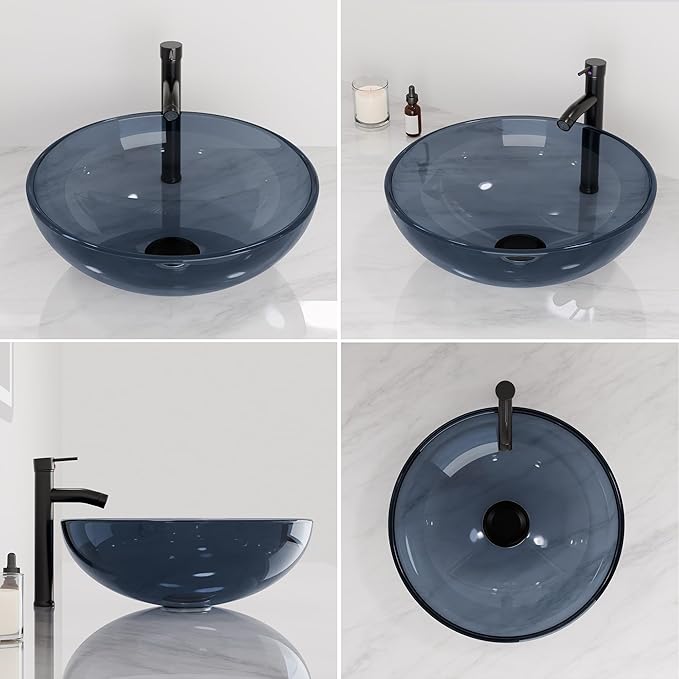 Design Vessel Sink Bathroom Sink above counter Small Vessel Sink Bathroom Sink Bowl Countertop Modern Sinks with faucet and drain combo 16.5" Round Transparent New
