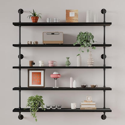 HDDFER Floating Shelves for Wall Bookshelf Industrial Pipe Shelving Shelves 48 Inch 5 Tier Natural Wood Planks Rustic Wall Shelves Hanging Bookshelves Farmhouse Kitchen Shelving Black