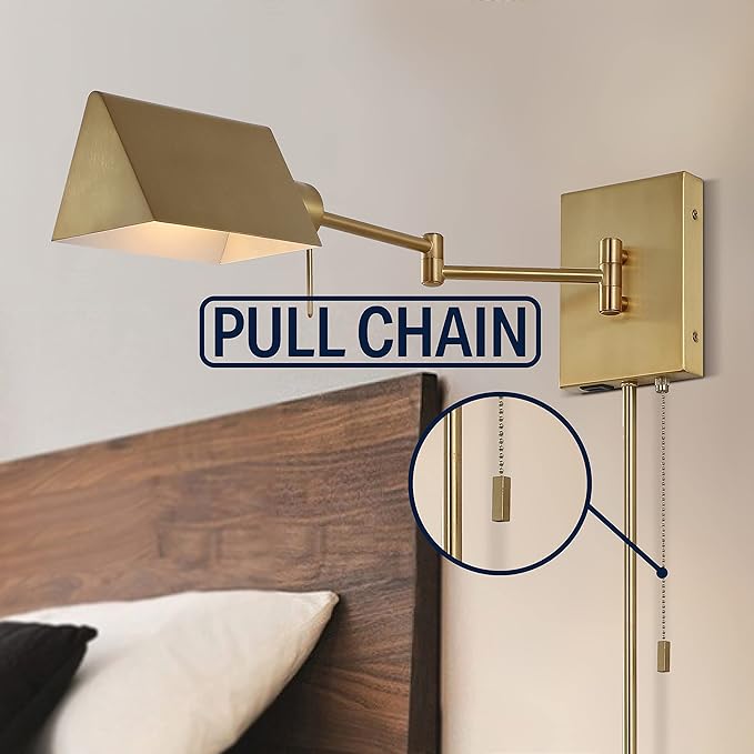 JONATHAN Y 22" Brass Gold Swing Arm Wall Sconce, Plug-in or Hardwired with USB Charging Port and Pull Chain, Iron Shade, Industrial LED Reading Lamp (JYL6015B)