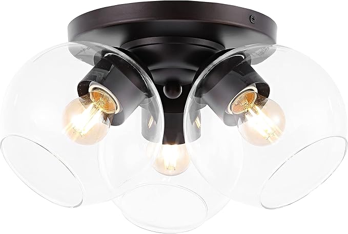 JONATHAN Y 11.5" Oil Rubbed Bronze 3-Light Semi Flush Mount Ceiling Light, Farmhouse Rustic Iron Fixture for Kitchen Bedroom, Clear Glass Shade, LED Bulbs Included JYL7568A