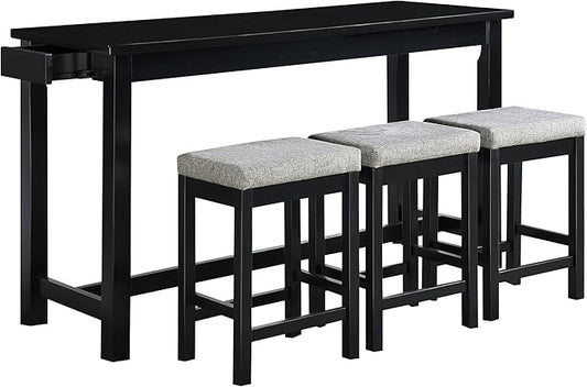 Lexicon Oreille Bar Table with Stools Set, Modern Console Table with Stools - 4-Piece Set with 2 USB Ports & A/C Power Outlets, Counter Height, Discrete Drawer, Perfect Dining Room & Kitchen Black