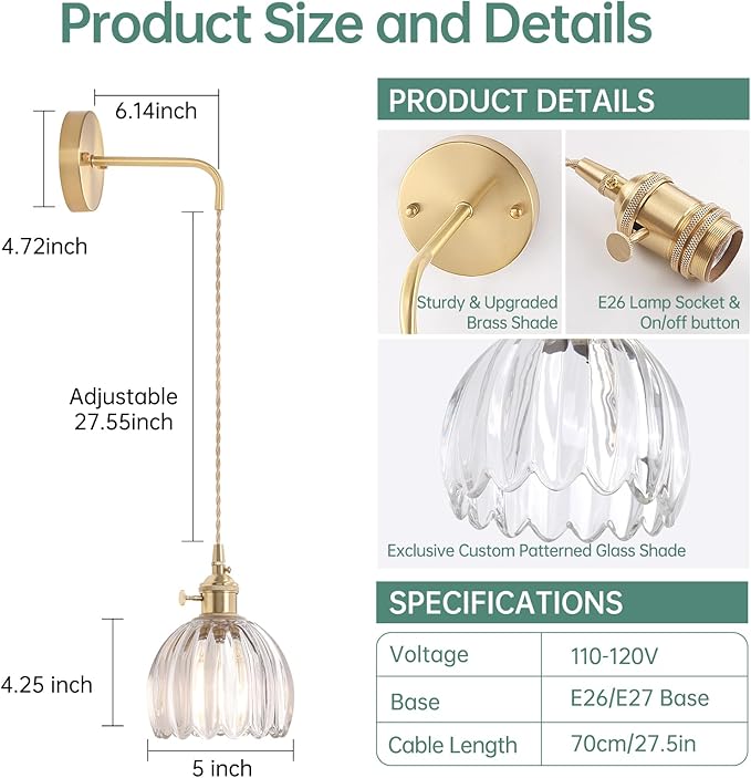 Shenmoyl Vintage Wall Sconce Wall Lamp Clear Tulip Shade Pattern Glass Adjustable Chain Retro Gold Wall Mounted Light, Wall Lamp Fixtures Decor for Bedside Bedroom Indoor Doorway