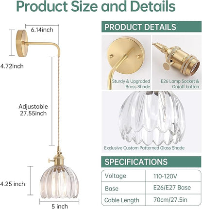 Shenmoyl Vintage Wall Sconce Wall Lamp Clear Tulip Shade Pattern Glass Adjustable Chain Retro Gold Wall Mounted Light, Wall Lamp Fixtures Decor for Bedside Bedroom Indoor Doorway